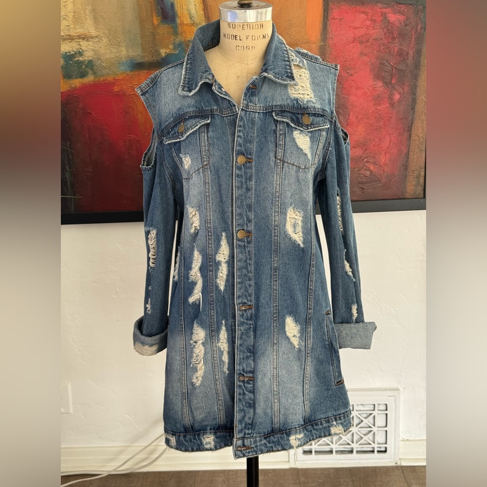Riva Curve Cold Shoulder Distressed Denim Jacket